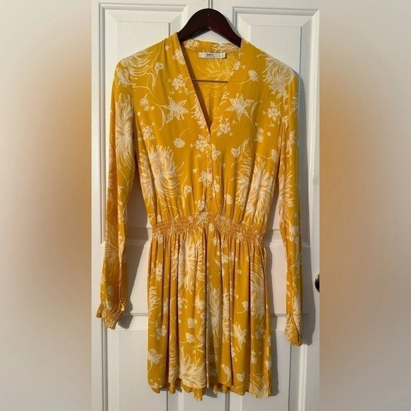 OBEY Long Sleeve Lightweight Mini Dress in Daffodil Elastic Waist and Lining - Picture 1 of 8